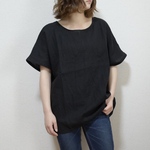 日本製 フレンチリネン100% シンプルで着回しやすい サラッと1枚で着れる涼しげTシャツ (ブラック)