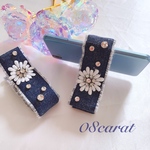 新作　2点限定　スマホスタンド　スマホクリップ　デニムリボン　お花刺繍　ビジュー　スマホアクセサリー　カルトナージュ