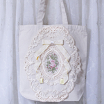 肩掛けレースリボンバッグ　【アンティーク　ナチュラル　森ガール　ボタニカル　ロリィタ　ロリータ　刺繍　A4　薔薇　レモン　レモンイエロー】