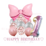 送料無料🎈1歳 大きなリボンとくすみピンクとグレーのバルーン レインボー数字 お誕生日バルーンセット 
