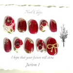 再販　Jurtom 1488ネイルチップ／椿赤　水引リボン🎀ネイル／ブライダル／成人式／赤ネイル/水引リボン/