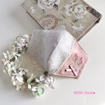 💓ワイド幅　ウォッシュリネンペールベージュと接触冷感コットンフライスで作った立体マスク　ローズ柄コットンリネン ジャガード織&キナリオーガニックコットンレース　モーヴピンクリボン　ポケットタイプ