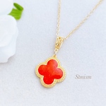 ロングネックレス❤️赤珊瑚クローバー