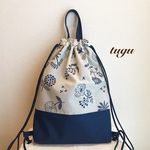 【新作】⋈*｡ﾟ 北欧風 刺繍のようなお花柄のナップサック(裏地付き)   撥水加工プールバックにも  ⋈*｡ﾟ 幼稚園 小学校