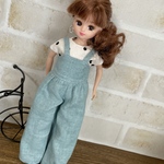 NO,163 リカちゃん　服　リネン　くすみブルー　サロペット　ワイドパンツ　水玉トップス　初夏　夏　コーデ