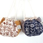 ▼mini mini Colon 巾着 ２点セット／手のひらサイズ▼ 北欧テイスト／pencil flower(ナチュラル+マスタード)と(ネイビー+グレー)