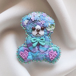 紫陽花カラー　テディベア刺繍ブローチ　ブルー