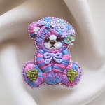 紫陽花カラー　テディベア刺繍ブローチ　パープル