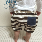 再販×１5☆茶色と白のしましまのdenimポッケ付きかぼちゃパンツ