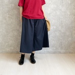 ハーフリネンのフレアパンツ。ネイビー。フリーサイズ。【すぐにお届け】