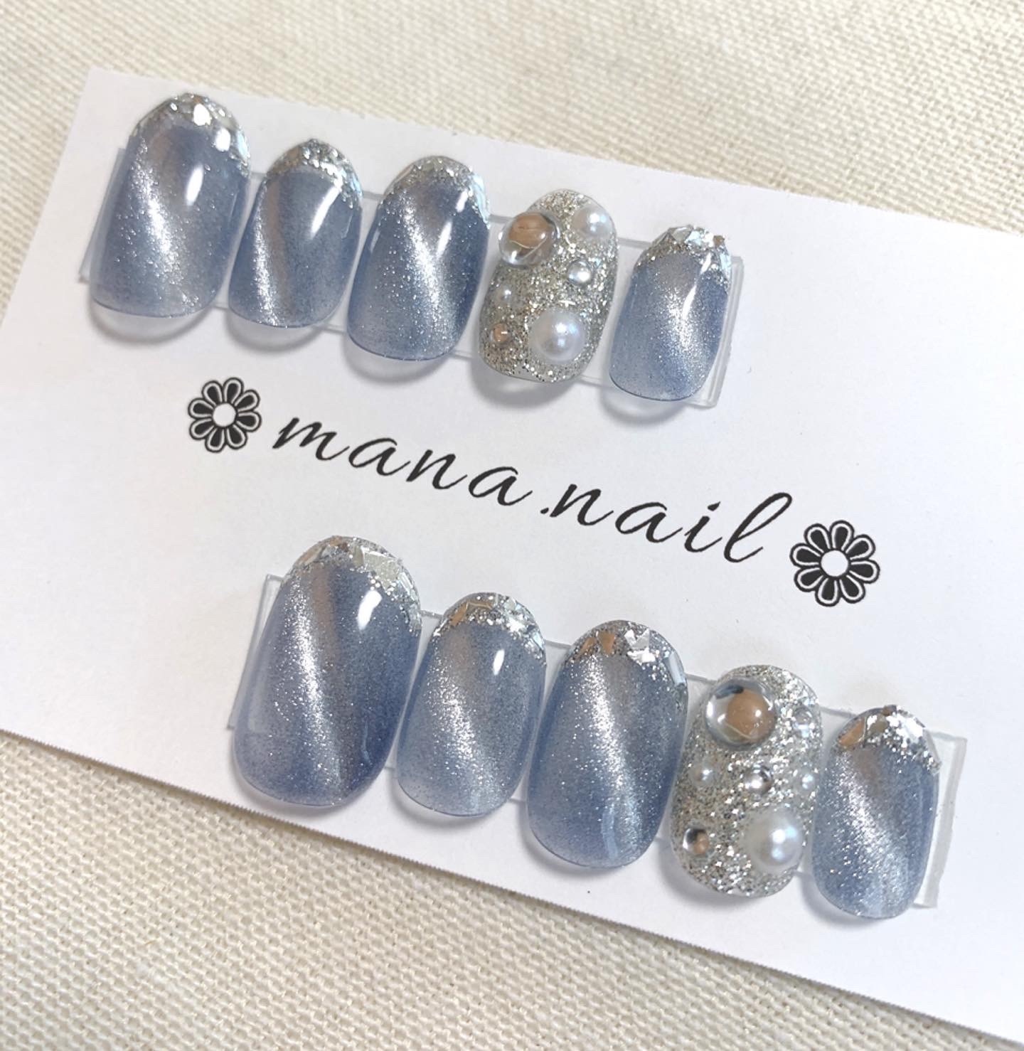 ネイルチップ マグネットネイル 青 ガラスフレンチ No,10 - ❁ mana
