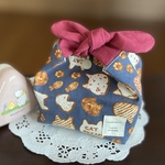 🍙サイズ＊丸いリボンのお弁当袋＊軽食用 小さめお弁当袋 おやつ袋  キャットブレッド  ネイビーグレー