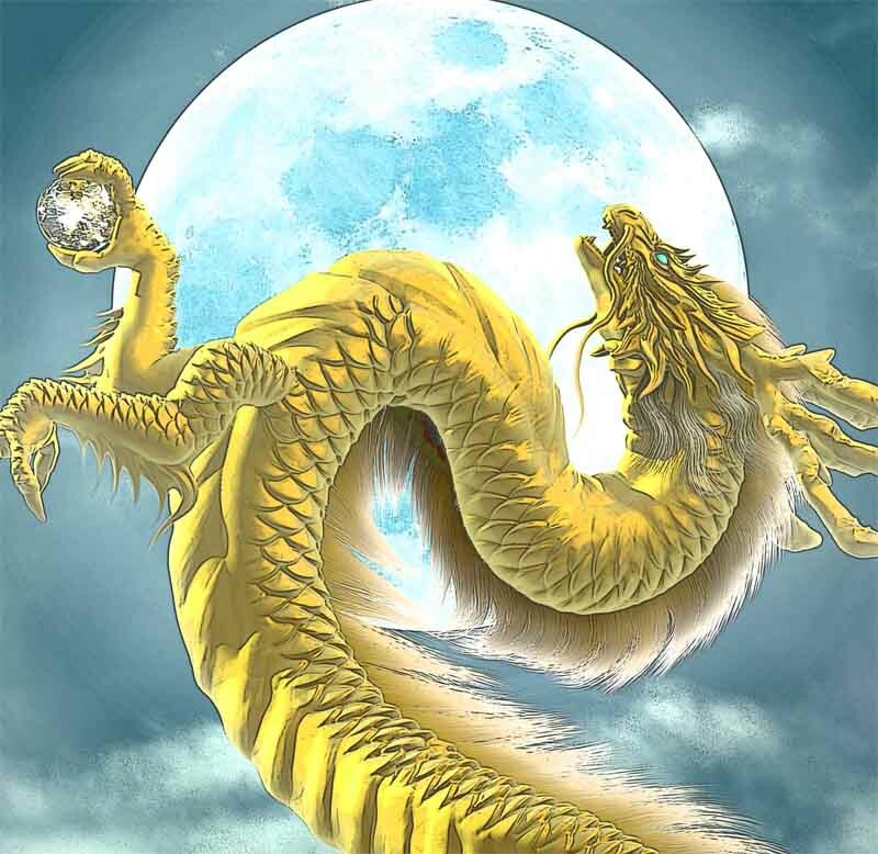 龍の絵「月光2、金龍、明るめ」自作A4 竜の絵 - BREEZE2009'S