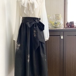 大島紬　可憐な花模様　フレアスカート　こげ茶　着物リメイク　リボンベルト・着物裏ペチコート付　151　