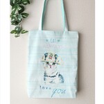 かわいい猫柄プリントのトートバッグ　グリーン