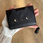 【受注制作】ねこのお顔 パスケース付き ミニ財布 黒猫 牛ソフトヌメ革