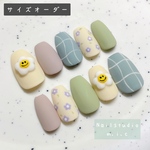 ネイルチップ48 サイズオーダー 韓国 ポップ ぷっくり にこちゃん お花 くすみカラー 人気デザイン