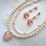 M様ご注文品♥ピンクハートとパールの二連ネックレス＆ハートピアス