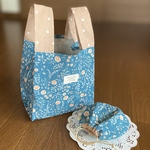  ＊エコバッグと巾着のセット＊ 布エコバッグ　小さめ＊【マチ15㎝】　しじみ巾着ミニサイズ   水彩 花柄 ターコイズブルー