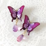 チェコビーズと羽ばたく蝶々ピアス。蝶々イヤリング。オオルリアゲハ。マゼンタ。
