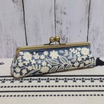 【口金変更可能】がま口ペンケース　ブルー　インド刺繍リボン