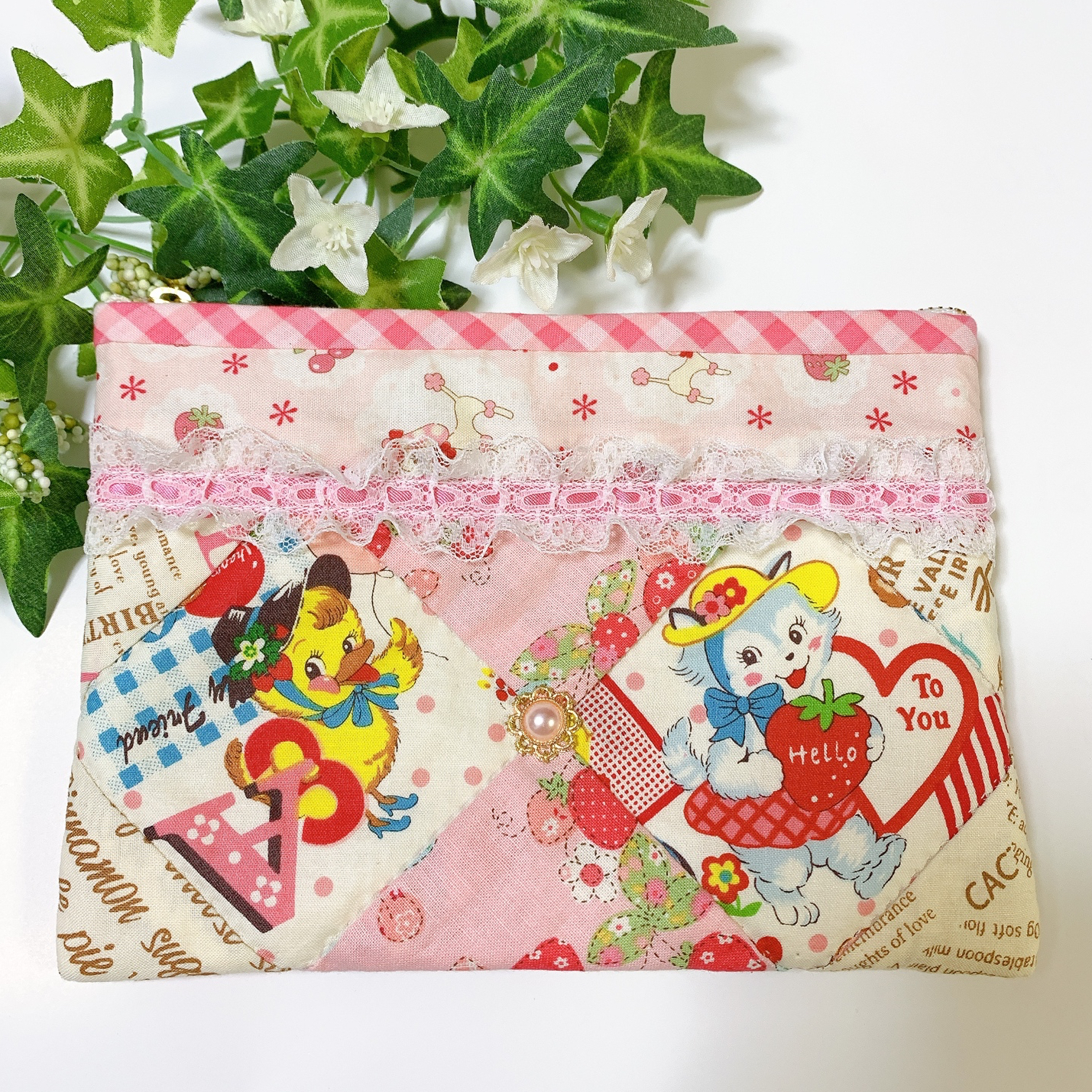 パッチワークハンドメイドヘキサゴンバッグ ミニポーチ付き 🌸ヘキサゴンのお花のポーチ（パッチワーク） - きいさき