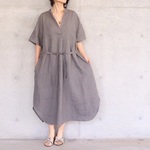 リネンV開き半袖ワンピース❣️グレー　 No.230