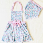 ♡フラワー リボン 水色♡ プリンセス風エプロン 三角巾 セット