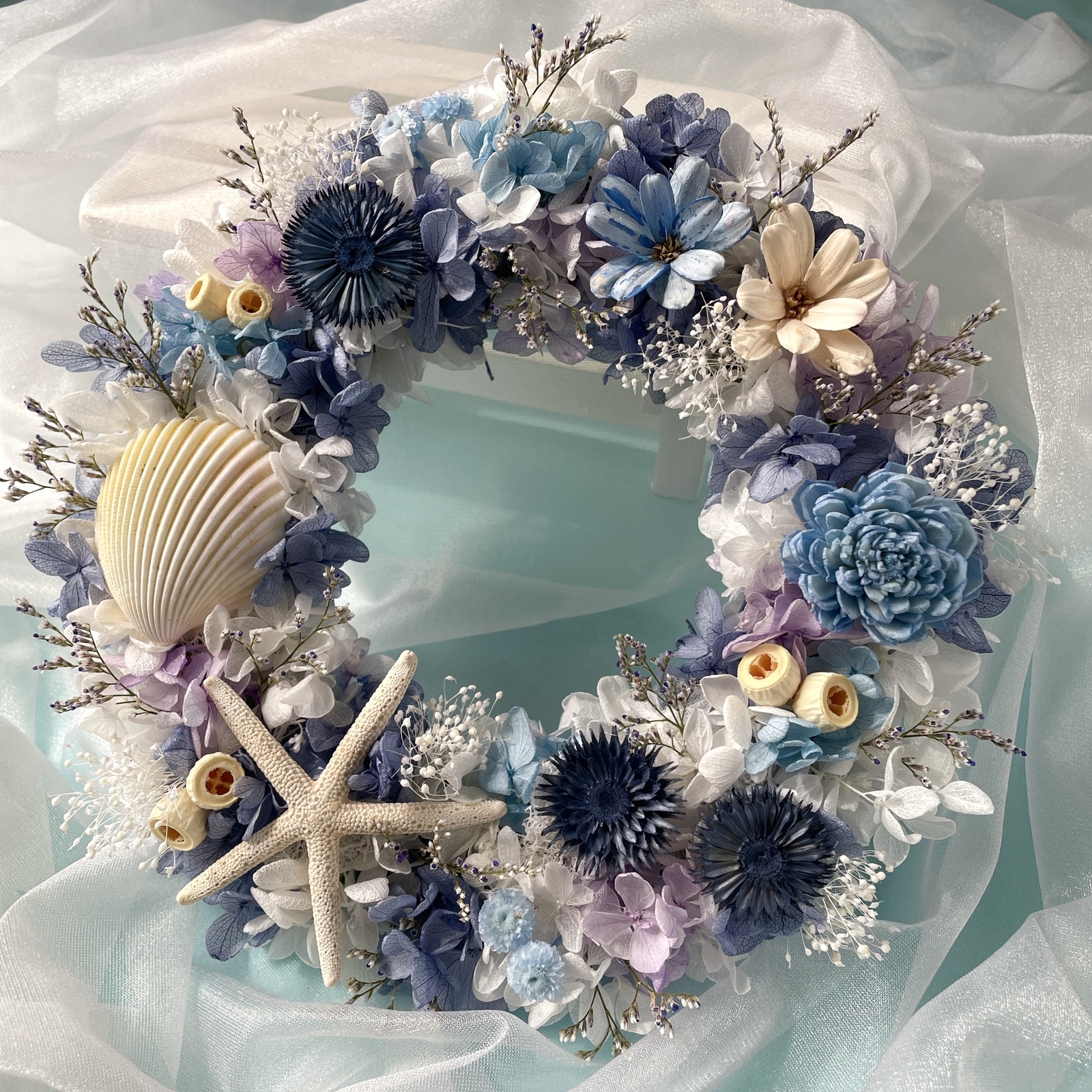 どんぐりアート♡紫陽花リース&夏のオブジェ2品♡ 一点物 青のリース＊プリザーブド紫陽花＊シェルリース - Happy