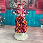 復刻版初代リカちゃんサイズ ロング丈レトロワンピース(carreau madras )ヘアバンド付き　2点セット