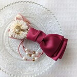 いいとこどりなハーフリボンヘアゴム　インド刺繍リボン　ピンク　レッド