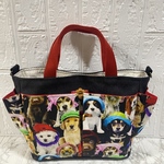 【ハンドメイド】USAコットン 子犬ドッグ柄《ヴィンテージ風黒帆布》 ポケット沢山お散歩バック
