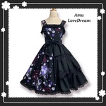 1点物*和柄 3段フリル ジャンパースカート★桜×ブラック×紫×黒レース (即納品)
