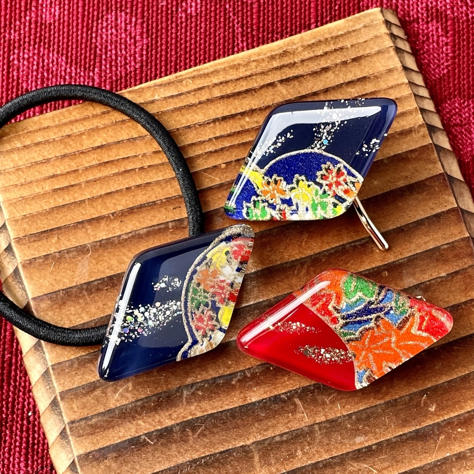 大正ロマン 友禅和柄の和風レジンアクセサリー選べる金具、ヘアゴム