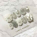 フラワーネイル　花　ネイルチップ　韓国　シルバー　ミラー　うねうね　蝶々　成人式　ブライダル　卒業式　結婚式　パール　ハート　ニュアンス