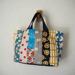 カラフル　北欧風　縦パッチ　横長トートBAG　　デニム調　ブルー　