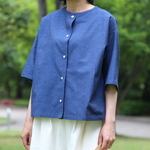 夏の前ボタンブラウス（亀田縞）群青