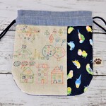 かわいい刺し子巾着〈小〉★小鳥いっぱい＆刺し子タウン★ネイビー