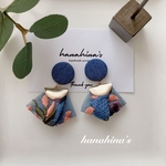 再販☆デニムカボションとインド刺繍タッセルピアス/イヤリング(ブルーサーモンピンク)