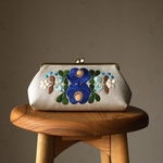 ダークナチュラルリネン　花刺繍がま口ポーチ　L
