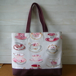 フランス生地　コーヒーカップ柄のトートバッグ（ダークパープル）