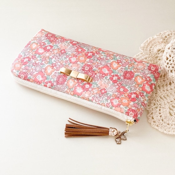 リバティプリント　ハンドメイド　カチコチ長財布　ミシェル 軽くて薄いL字型長財布：ミシェル（ピンクオレンジ）リバティ
