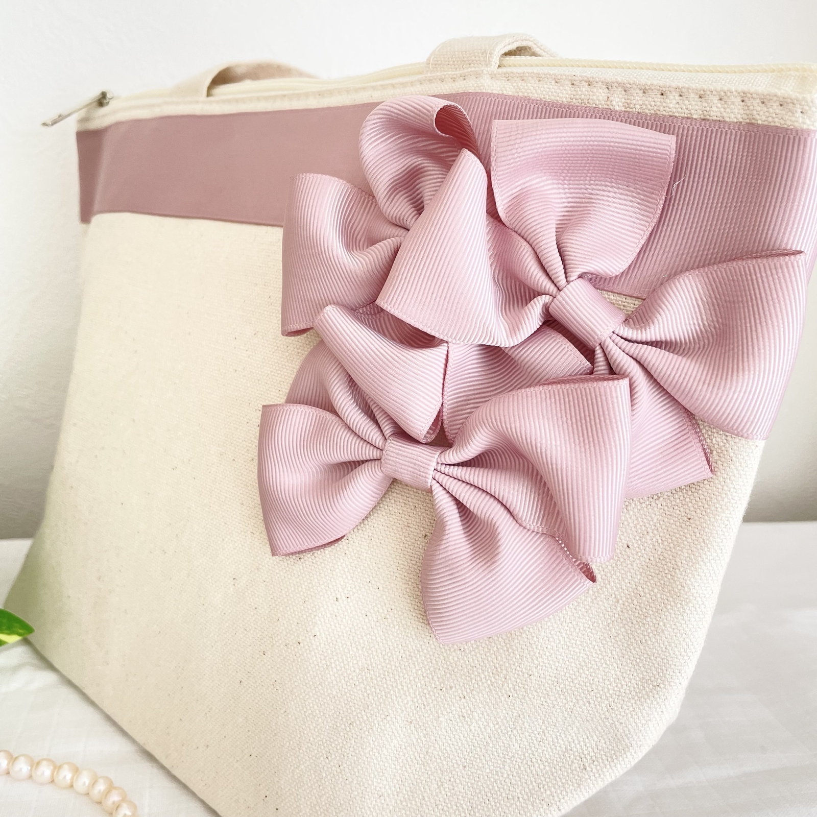 保冷バッグ♡リボントートバッグ ランチバッグ ♡くすみピンク 白 - R