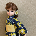 リカちゃんサイズ　黄色いお花の浴衣と帯のセット　巾着バッグ付き