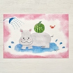 🍉透明水彩画「カバくんの夏」 イラストポストカード 2枚セット 夏　暑中見舞い　残暑見舞い　かば　スイカ　鳥　小鳥　父の日　母の日　ほっこり　癒し