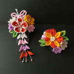 【新色】七五三髪飾り　お花に水引の蝶々が舞うパッチン留め《彩り・橙》つまみ細工　三歳　七歳　初節句　夏まつり　和装