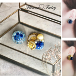 ブルー✨お花とクリアボタンのインド刺繍リボンピアス イヤリング  クリア  薔薇  花 フラワー ビジュー パール