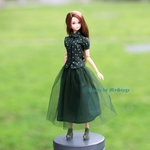 msdr-22-238 深緑ドット半袖シャツとロングチュールスカート（momoko/ジェニー/MISAKI/リカちゃんなど1/6人形用）