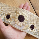 80㎝カット済み【インド刺繍リボン】チュール  フラワー　リボン　【シャンパン×ダークブラウン】