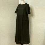 ブラック無地・からみストライプ　半袖ギャザーロング丈ワンピース　L着丈128　
